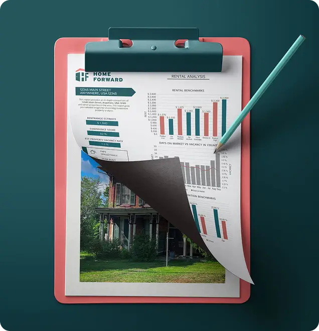 A Home Forward rental analysis report on a clipboard
