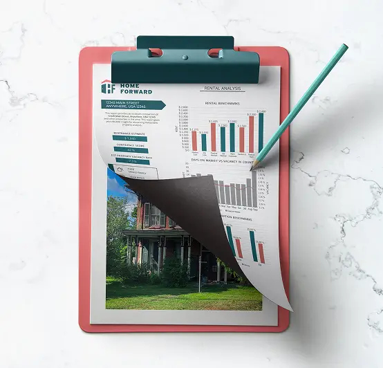 A Home Forward rental analysis report on a clipboard