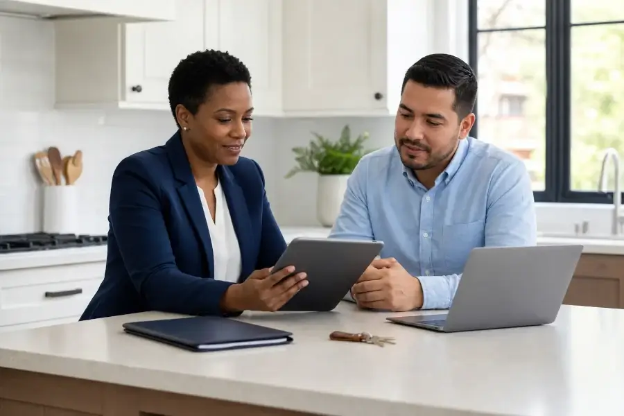 Property manager reviewing a rental application with a prospective tenant